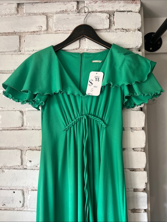 Vintage Dresses & Skirts - Vintage Emerald Green Ruffle-Sleeve Maxi Dress hand made dress